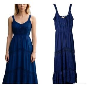 Floral‎ Lace Sleeveless Tiered Maxi Dress Navy Blue Romantic Beach Vacation 2806